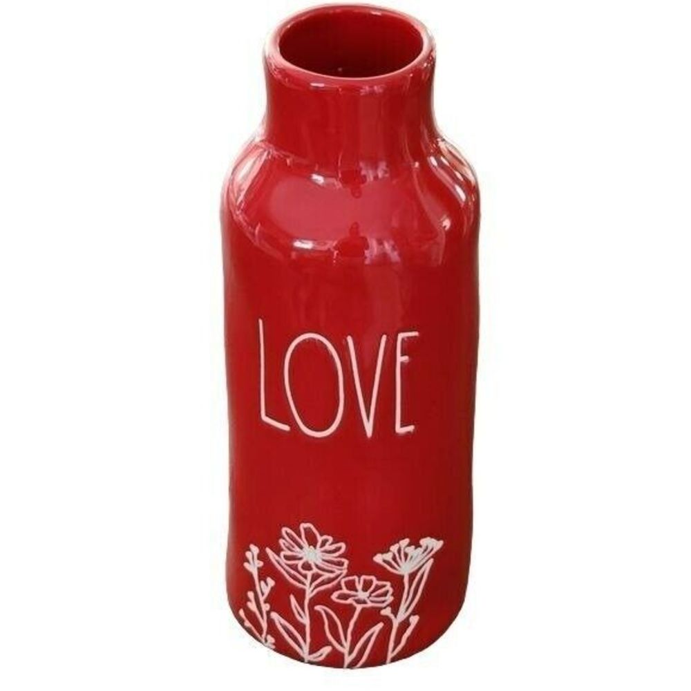 Rae Dunn Red Ceramic Flower Vase With LOVE‎ And Flowers Engraved Design 9in Tall